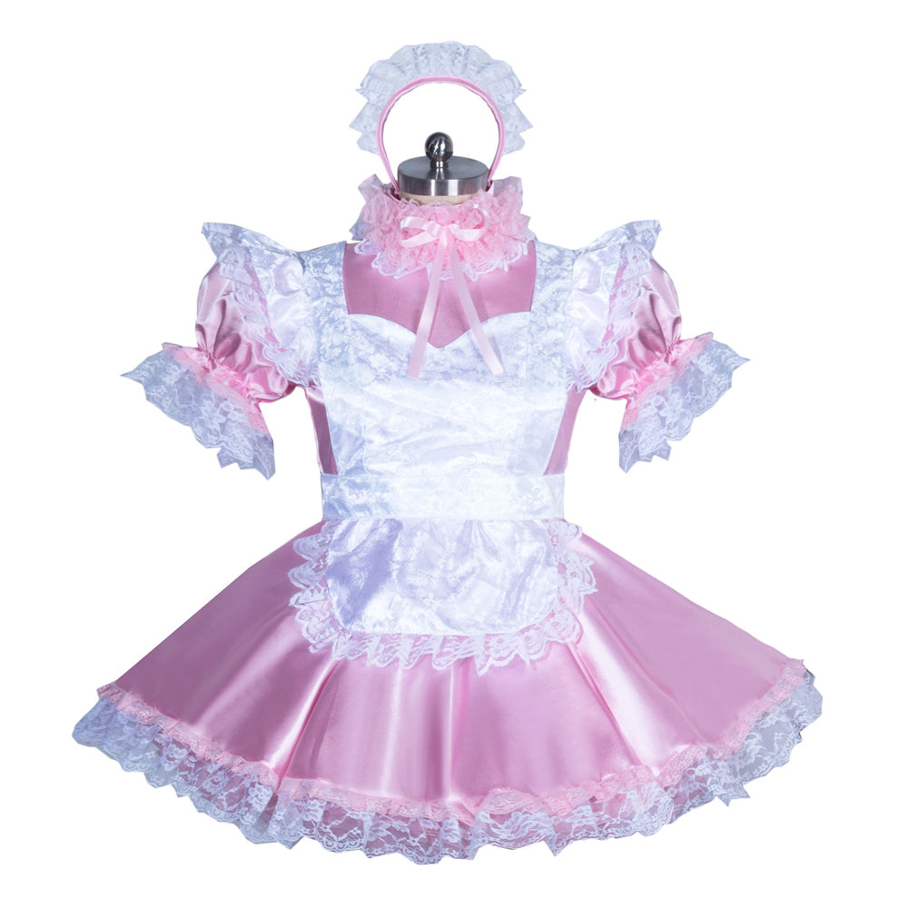 Pink and white sissy maid dress with lace trim, puffed sleeves, and matching headband