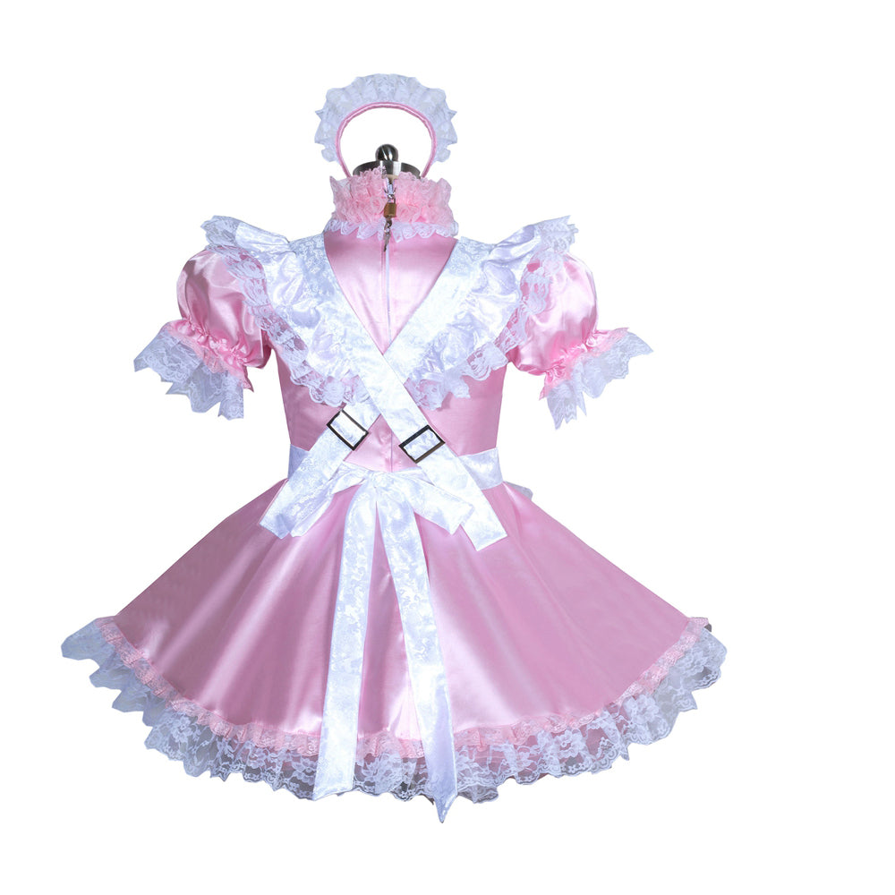 Pink sissy maid dress with white lace, satin finish, and matching headband for costume fashion