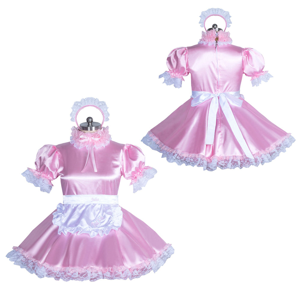 Pink sissy maid dress set with lace trim, white apron, and matching headband for costume fashion