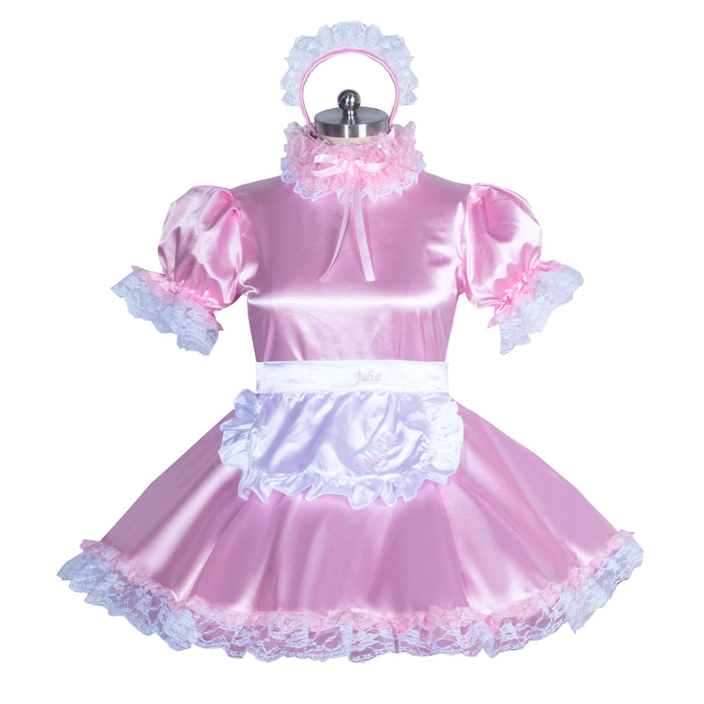 Pink satin sissy maid dress with lace trim, puff sleeves, and matching headband for costume fashion