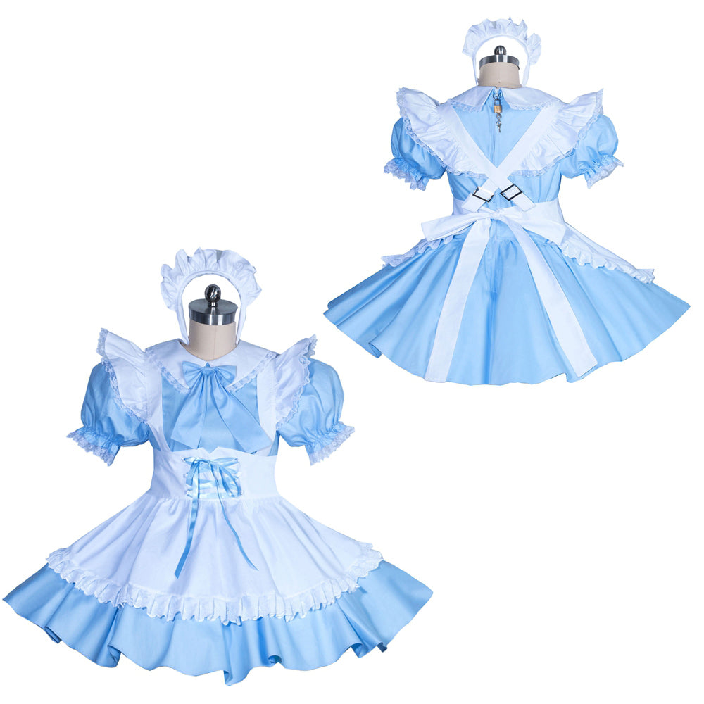 Blue sissy maid dress with white apron, ruffles, and matching bonnet, shown front and back