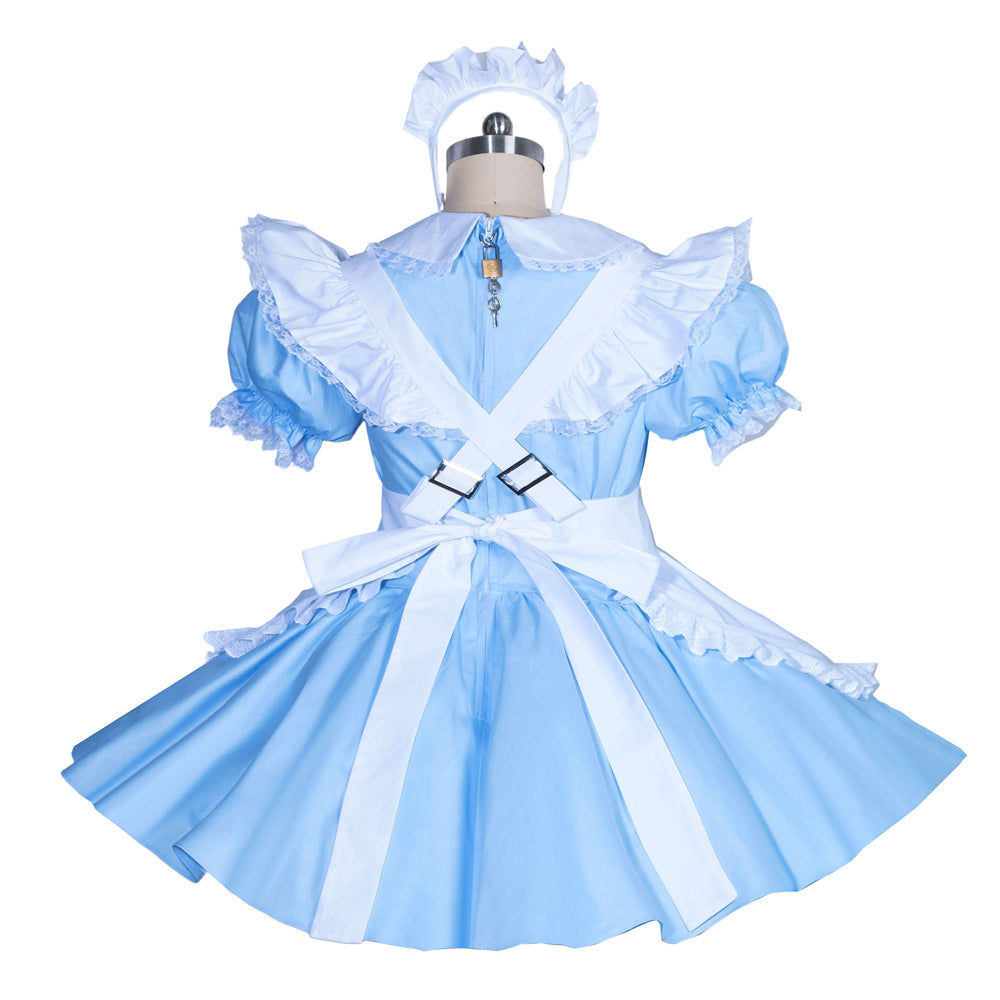 Blue sissy maid dress with white apron, lace trim, and lockable back detail on mannequin