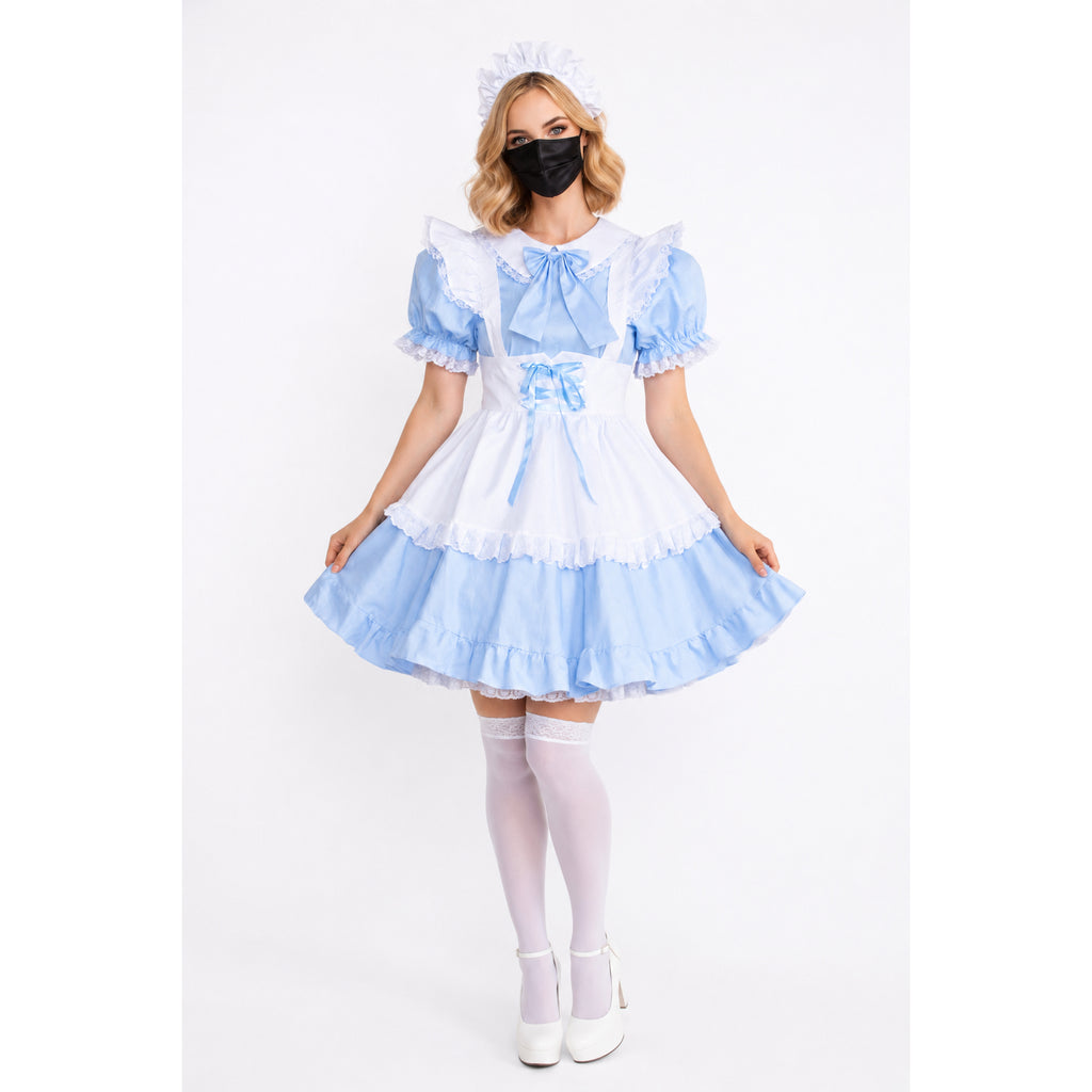 Blue and white sissy maid dress with ruffles, bow, and lace trim, paired with white stockings and heels