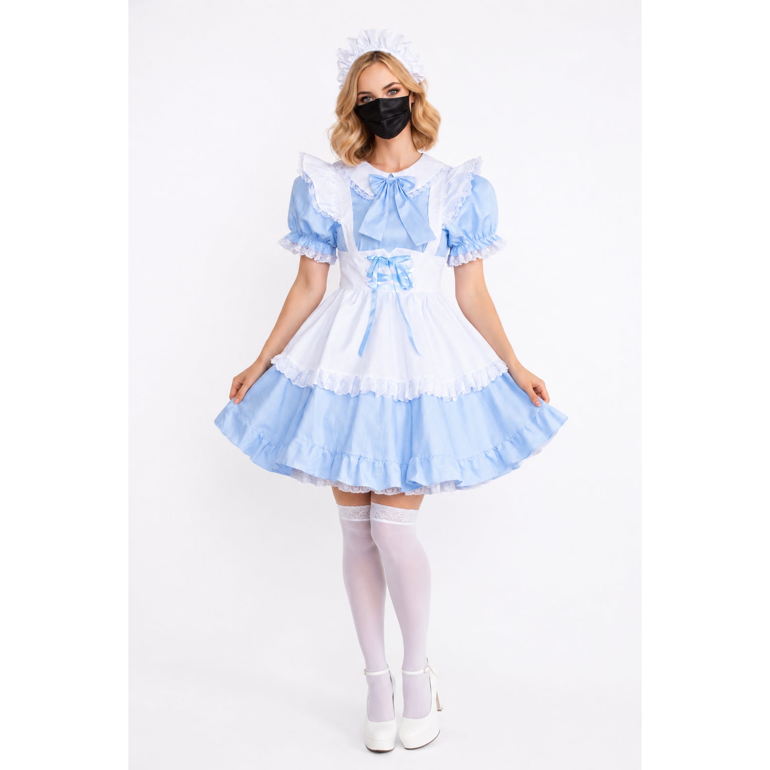 Blue and white sissy maid dress with ruffles, bow, and lace trim, paired with white stockings and heels