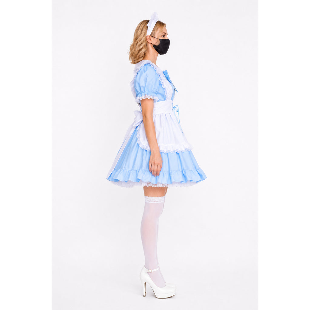 Blue sissy maid dress with white apron, lace trim, and high heels