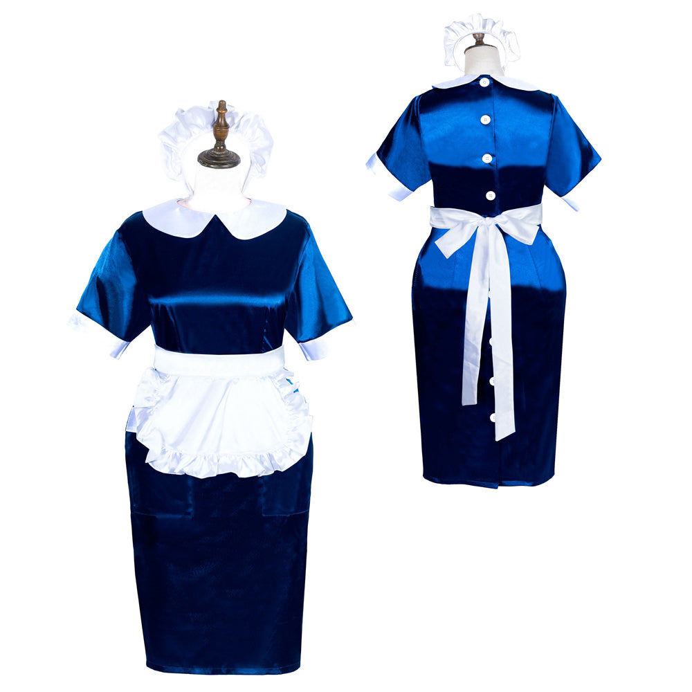 Blue satin sissy maid dress with white apron, collar, and bonnet, featuring front buttons and bow waist detail.