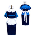 Blue satin sissy maid dress with white apron, collar, and bonnet, featuring front buttons and bow waist detail.