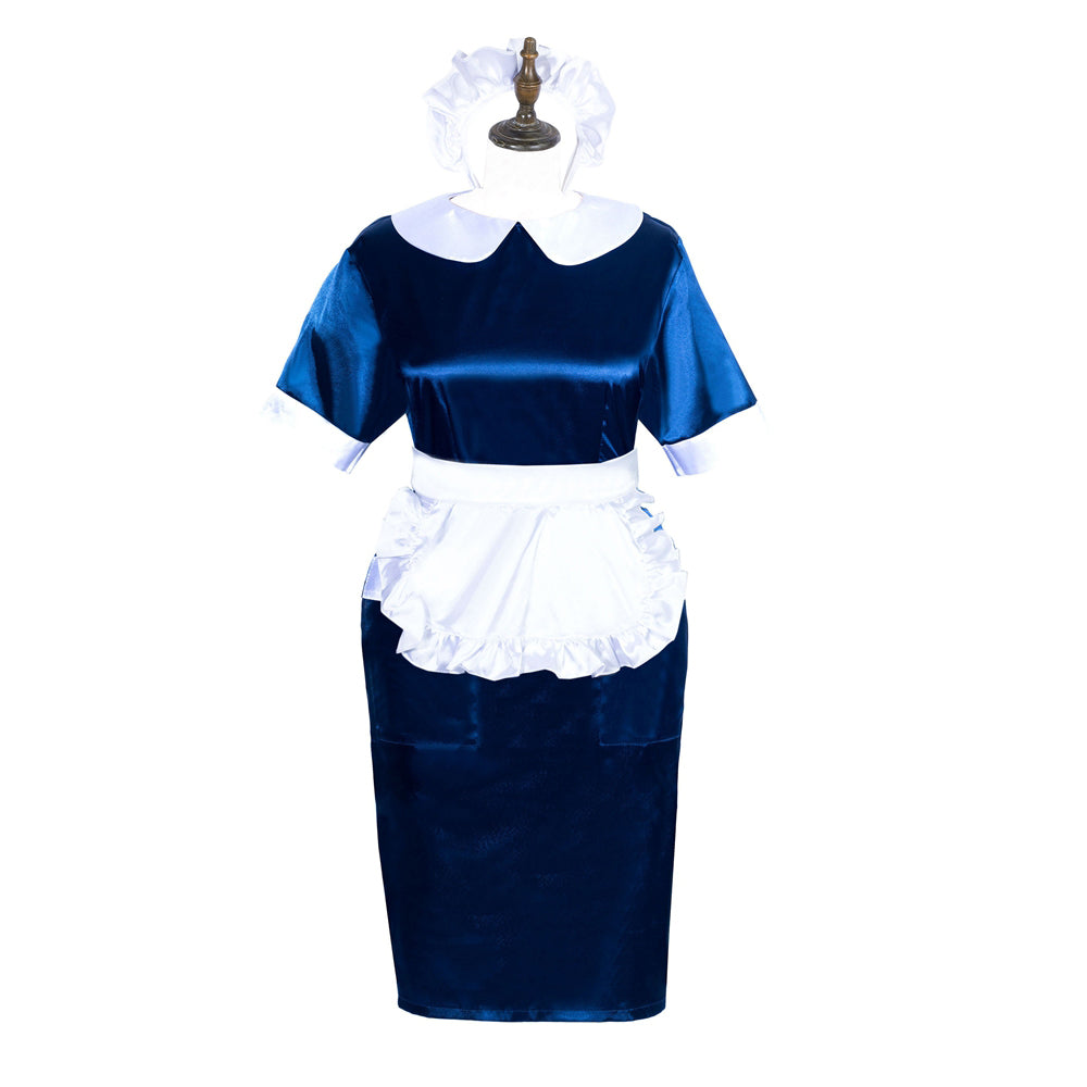 Blue sissy maid dress with white apron and collar, displayed on mannequin