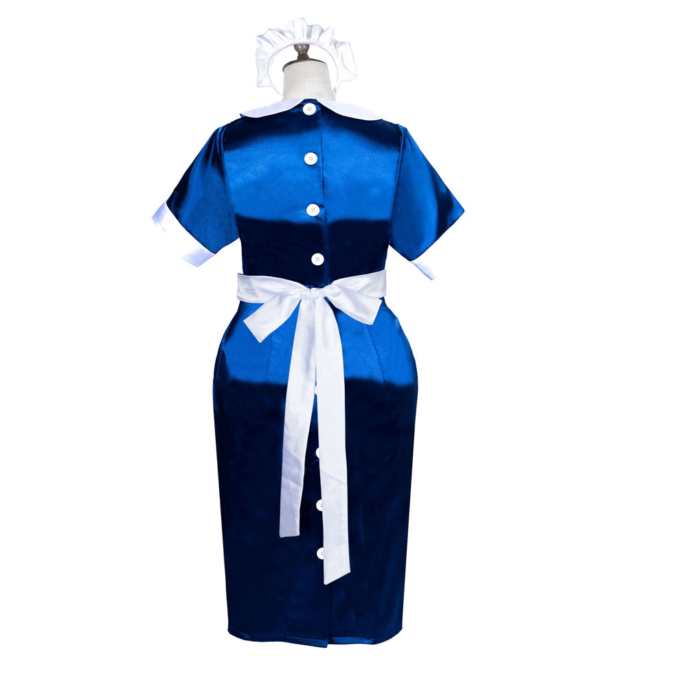 Blue sissy maid dress with white apron bow and collar, button-front design on mannequin