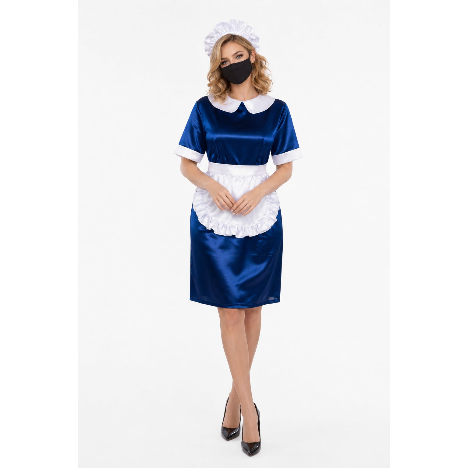 Blue satin sissy maid dress with white apron, collar, and cap, paired with black heels