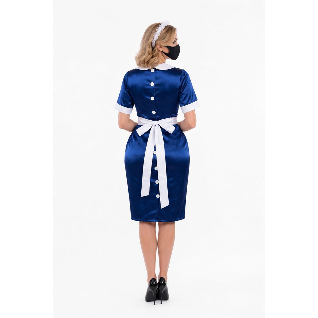 Blue satin sissy maid dress with white apron bow, buttons, and collar, worn with black heels and headband