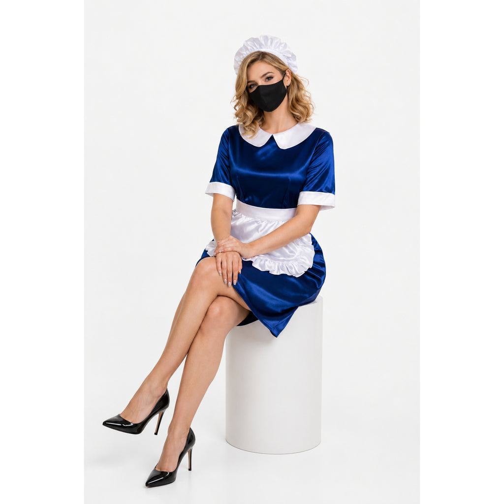 Blue satin sissy maid dress with white apron, collar, and cap, paired with black heels