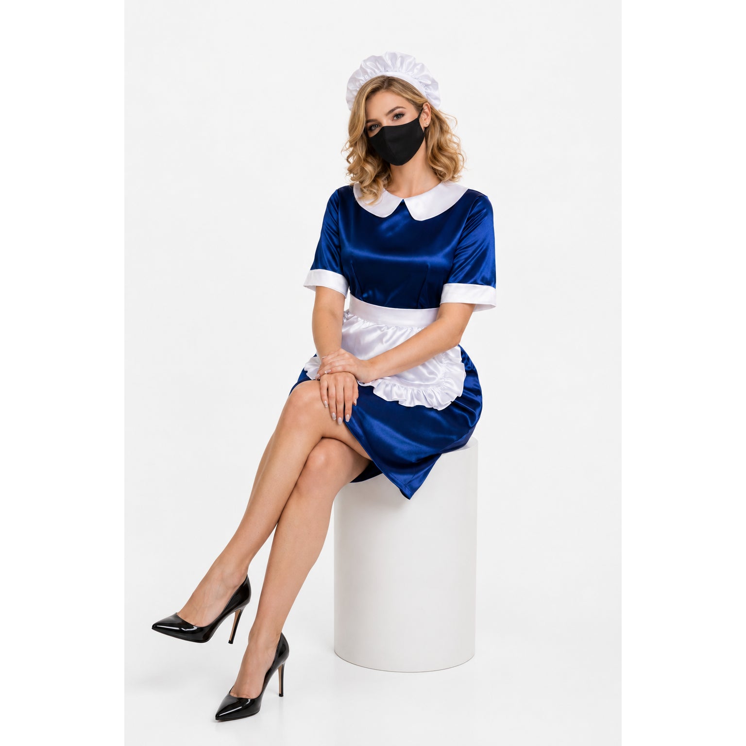 Blue satin sissy maid dress with white apron, collar, and cap, paired with black heels
