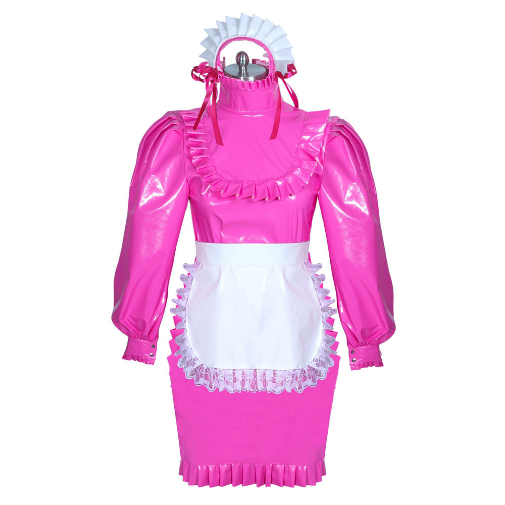 Pink PVC sissy maid dress with white apron, ruffles, and lace trim on mannequin