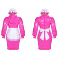 Pink sissy maid dress with white apron, ruffles, and bow, shown front and back on mannequin