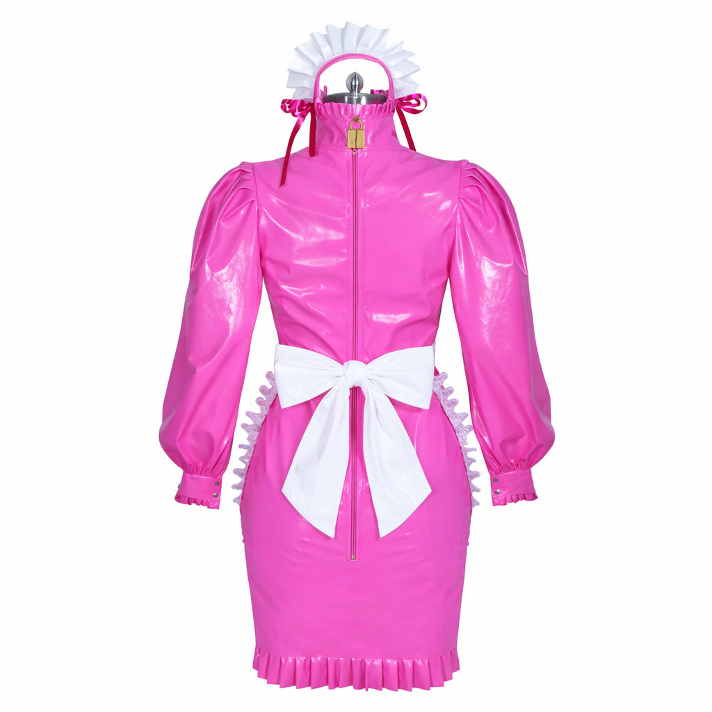 Pink PVC sissy maid dress with white bow, ruffles, and lockable front zipper