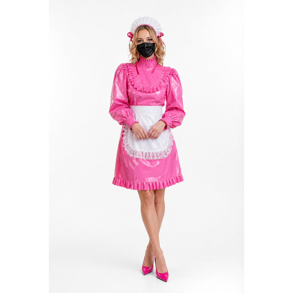 Pink PVC sissy maid dress with white apron, ruffles, and matching hat, styled with heels.