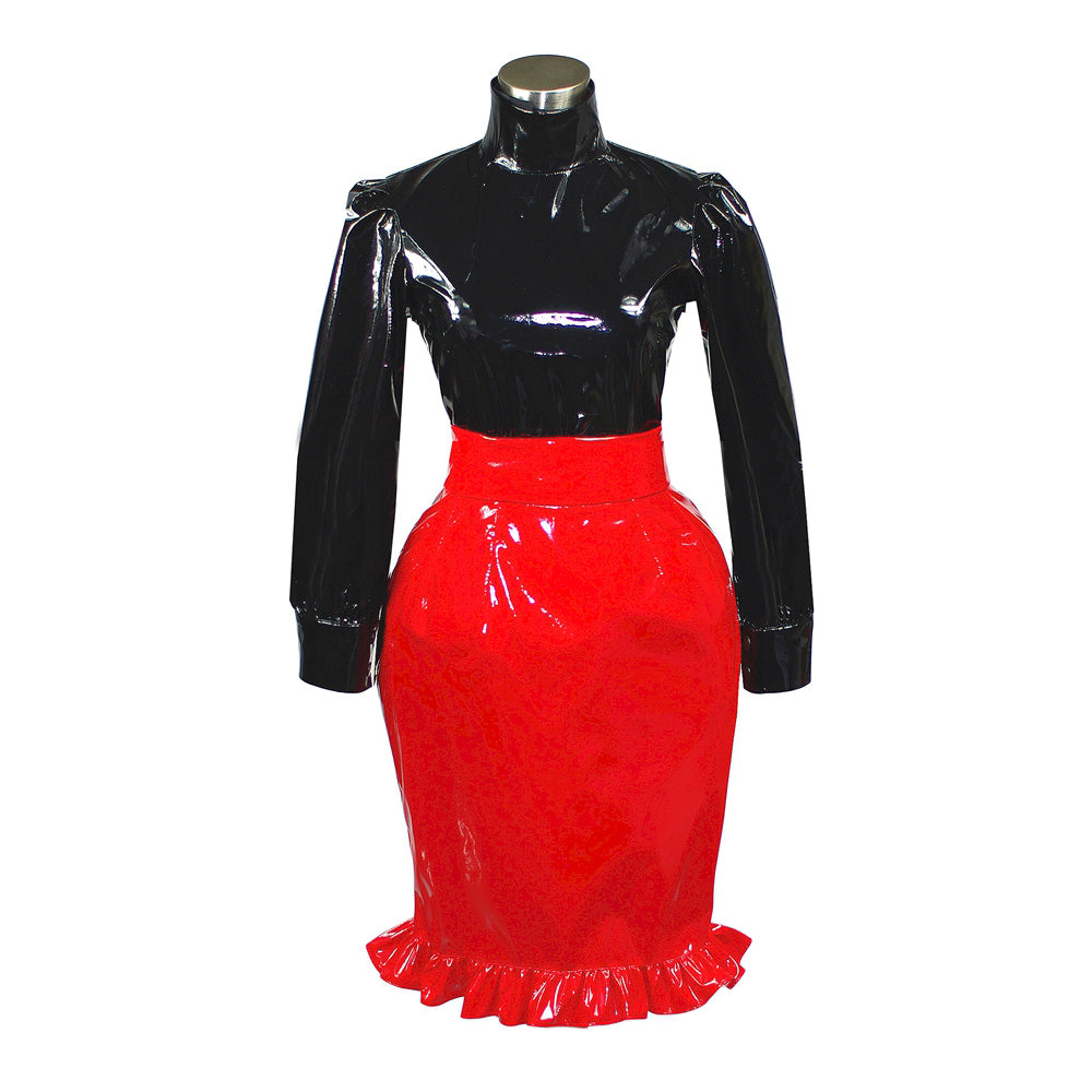 Schwarz Rot schweres PVC Blusenrock-Set G388