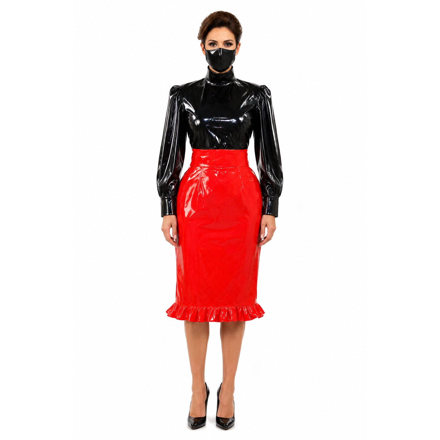 Schwarz Rot schweres PVC Blusenrock-Set G388