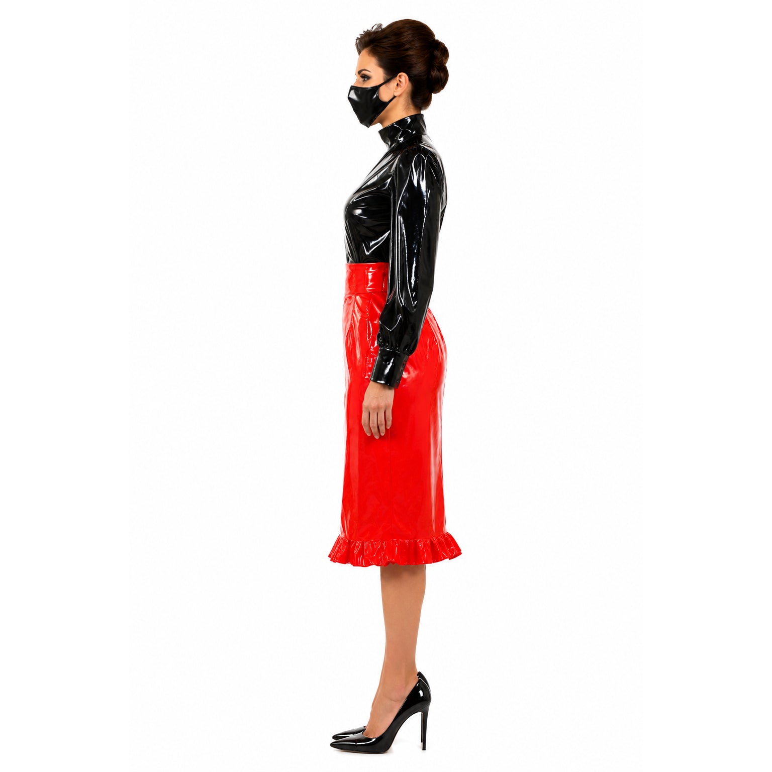 Schwarz Rot schweres PVC Blusenrock-Set G388