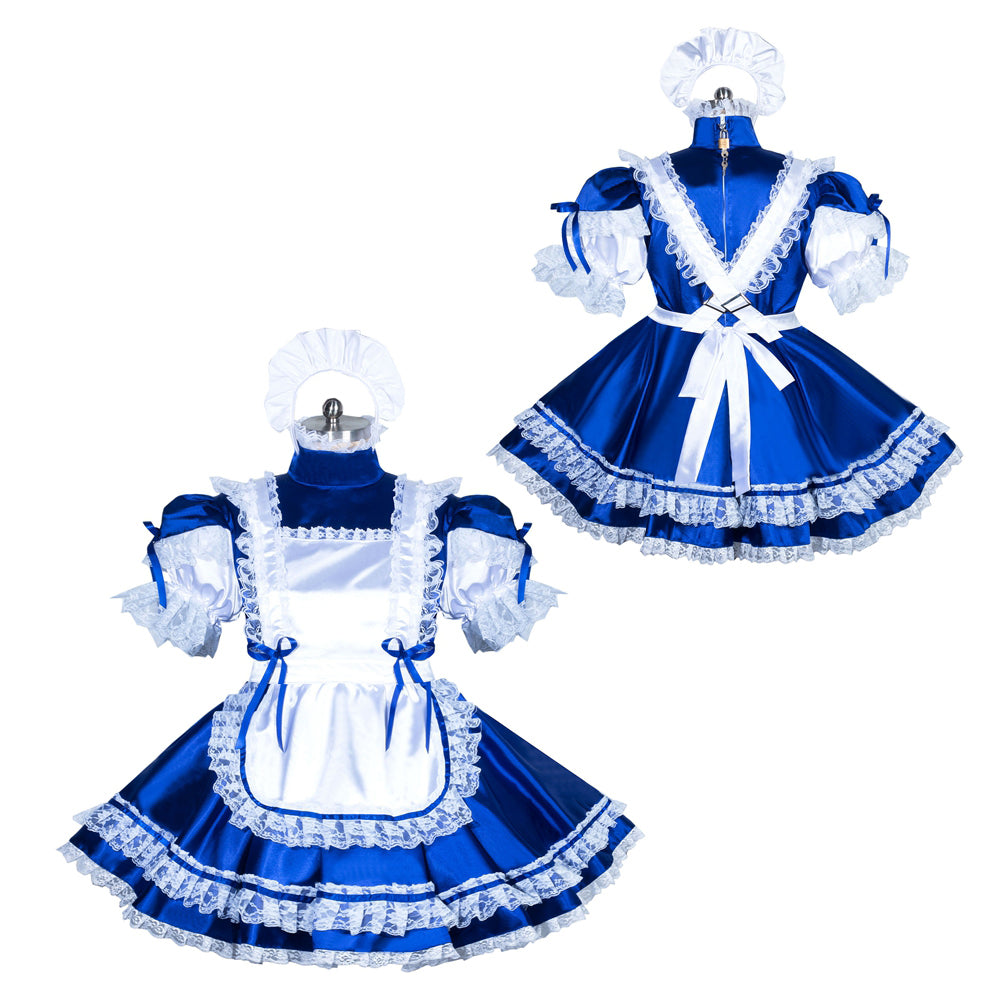 Blue sissy maid dress with white lace, apron, and bonnet, featuring satin fabric and ruffled details.