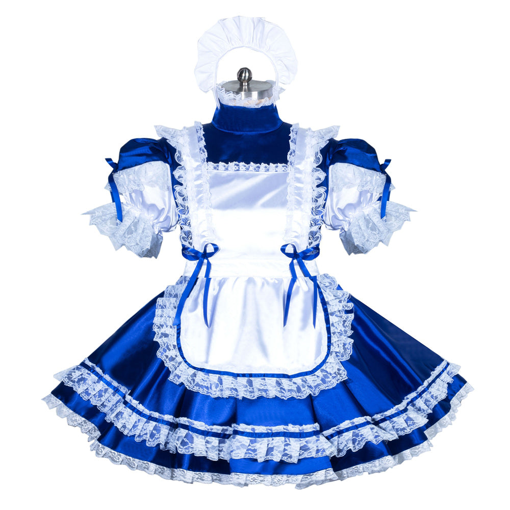 Blue and white sissy maid dress with lace trim, apron, and matching bonnet