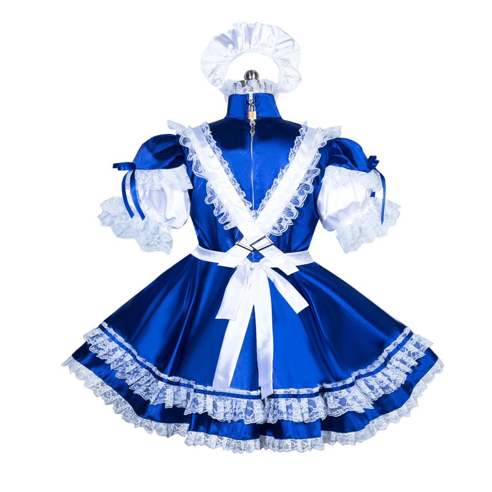Blue sissy maid dress with white lace, puffed sleeves, and matching bonnet, featuring elegant detailing and a lockable back zipper.