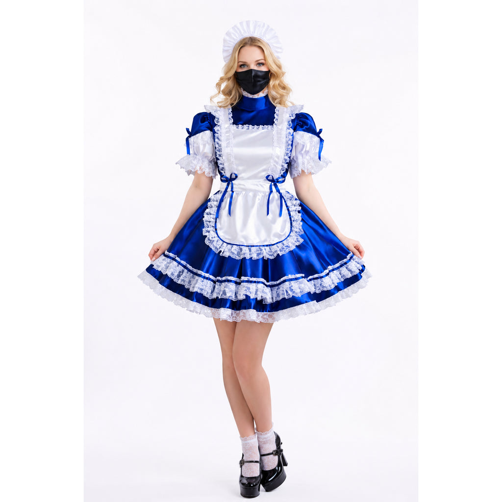 Blue and white sissy maid dress with lace trim, apron, and matching hat for costume fashion