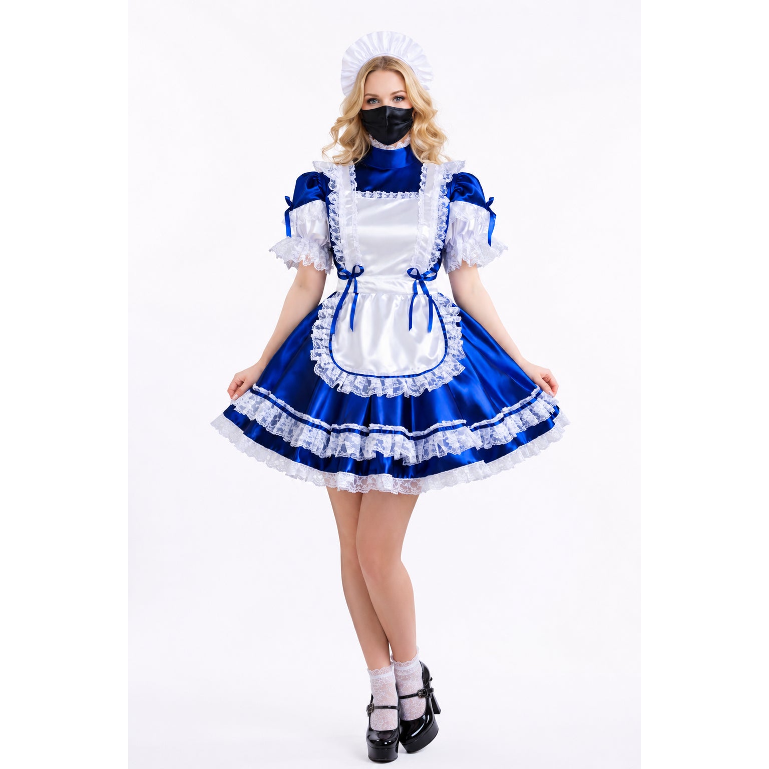 Blue and white sissy maid dress with lace trim, apron, and matching hat for costume fashion