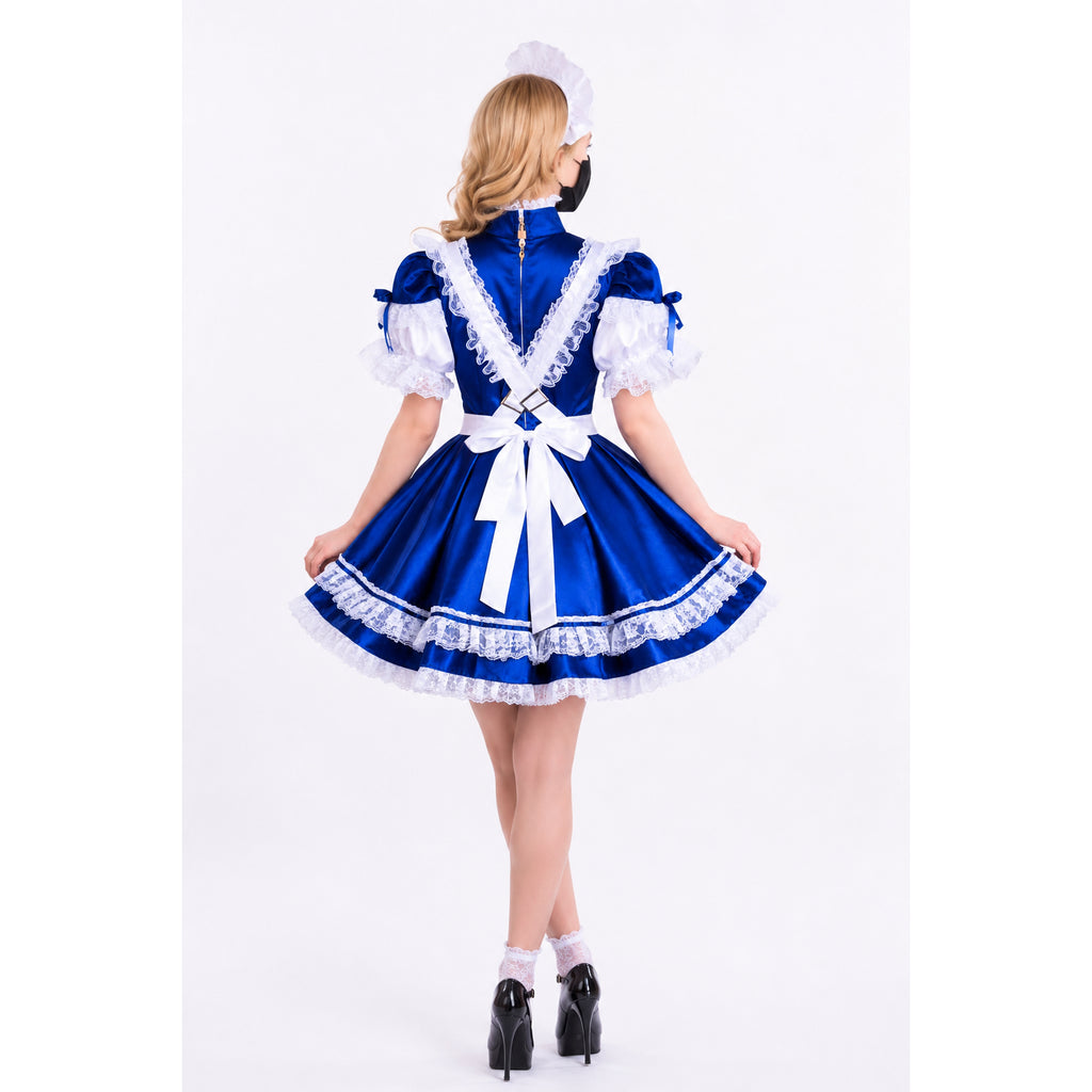 Blue sissy maid dress with white lace, bow, and apron, shown from back on model