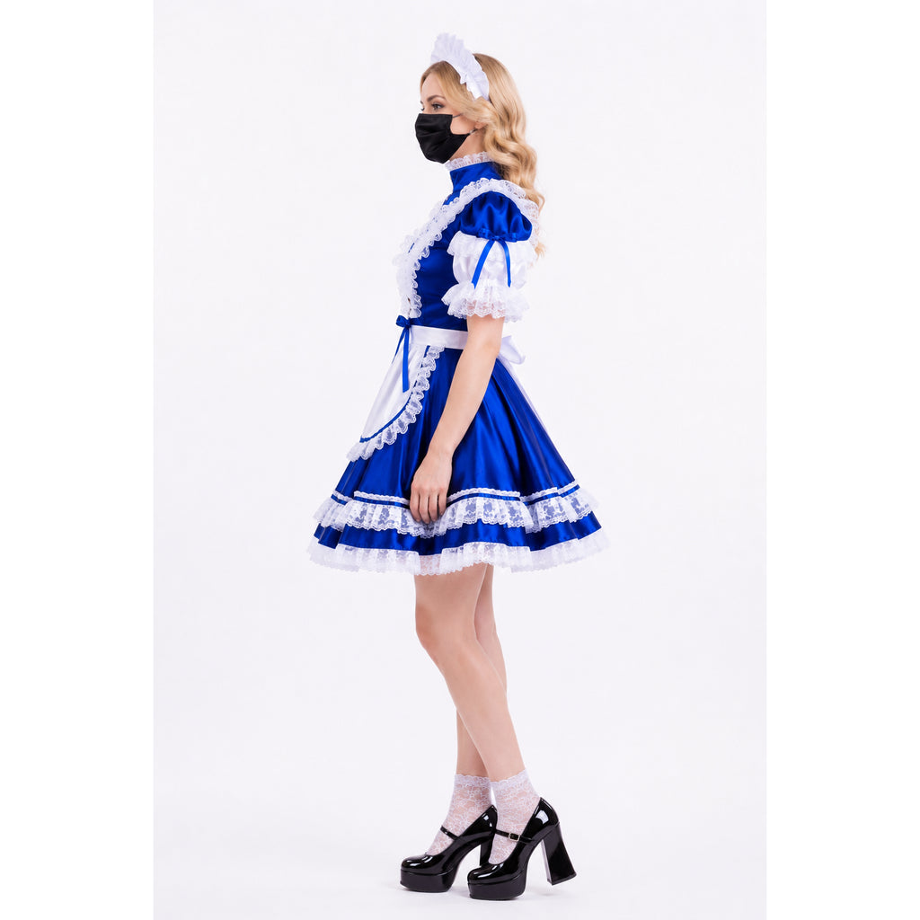 Blue sissy maid dress with white lace, apron, and headpiece, paired with black heels