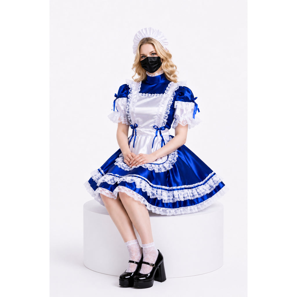 Blue and white sissy maid dress with lace trim, apron, and bonnet, worn with black heels and mask
