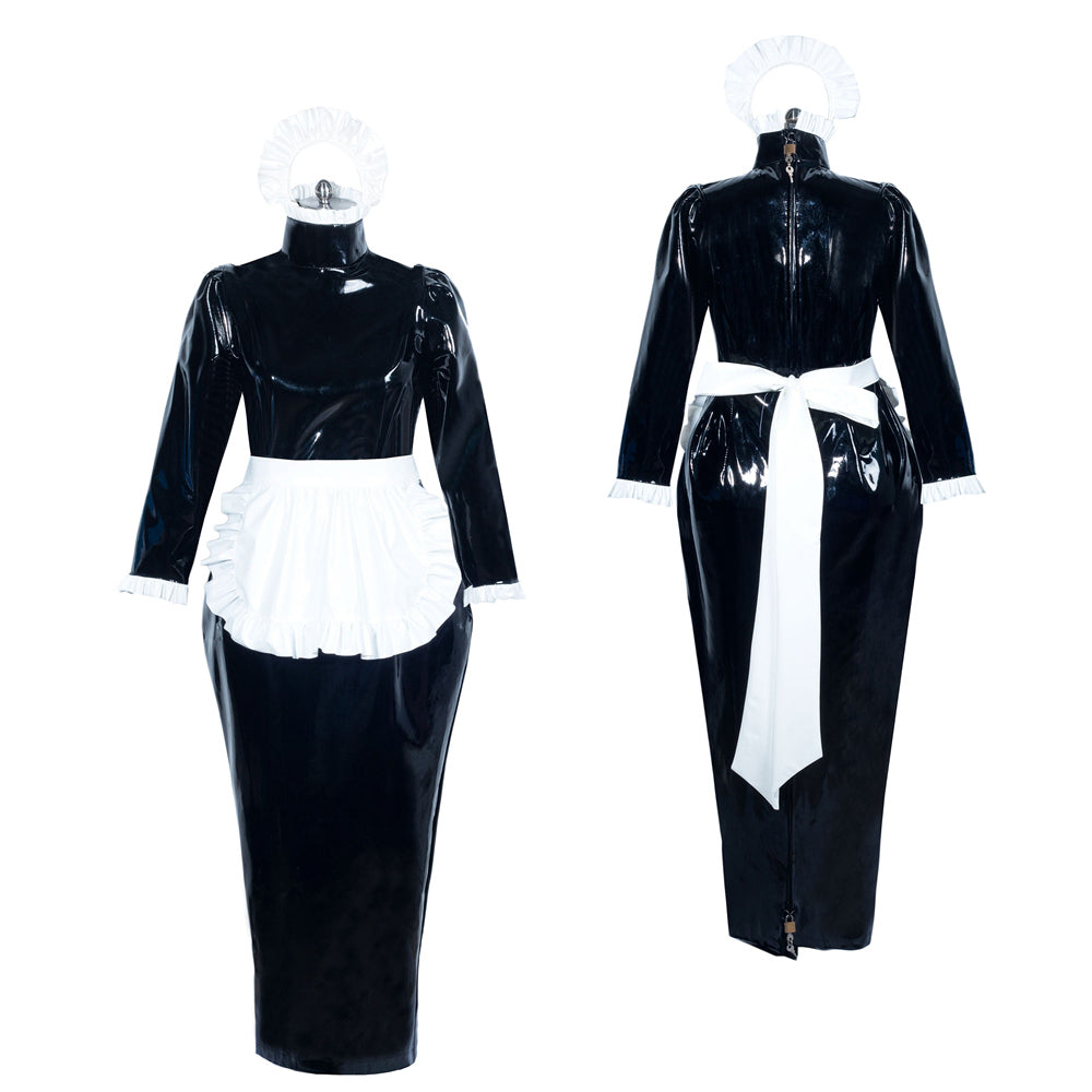 Black PVC sissy maid dress with white apron and bonnet, front and back view