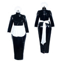 Black PVC sissy maid dress with white apron and bonnet, front and back view
