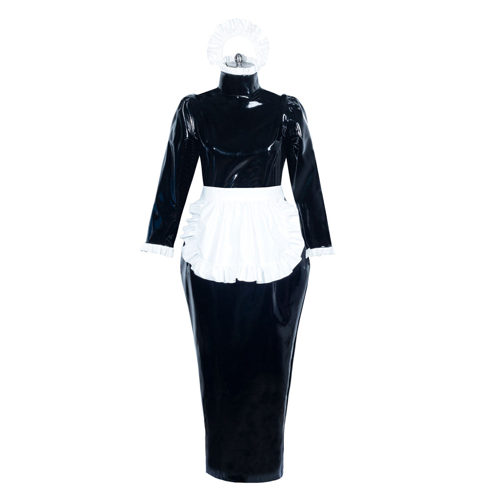 Black PVC sissy maid dress with white apron and bonnet, elegant costume set