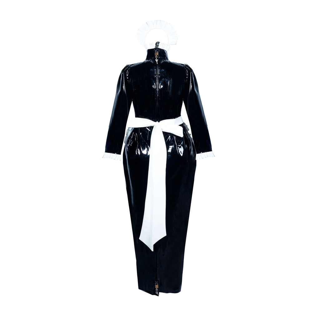Black PVC sissy maid dress with white apron and frills, back view