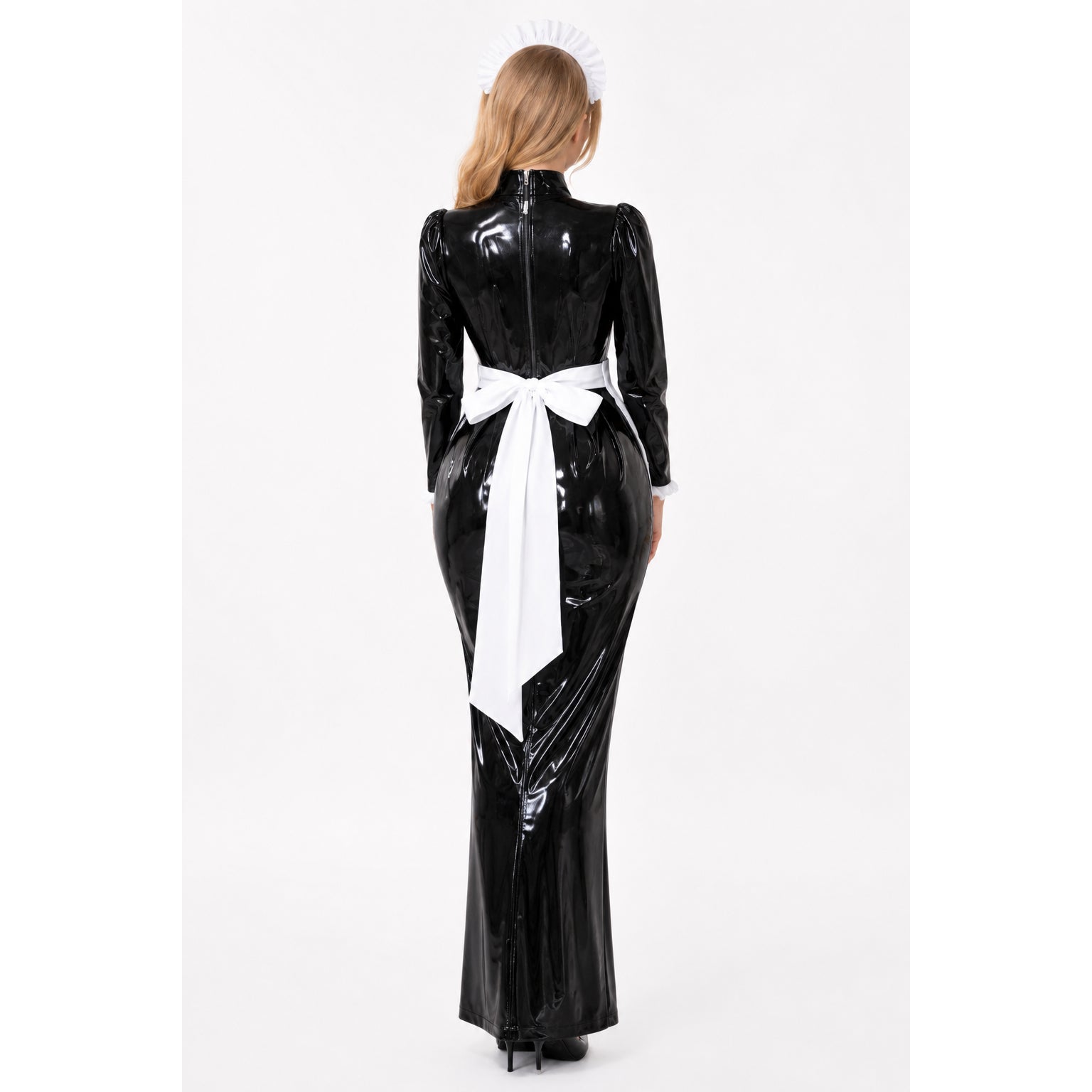 Black PVC maid dress with white bow and hat, elegant and shiny, back view