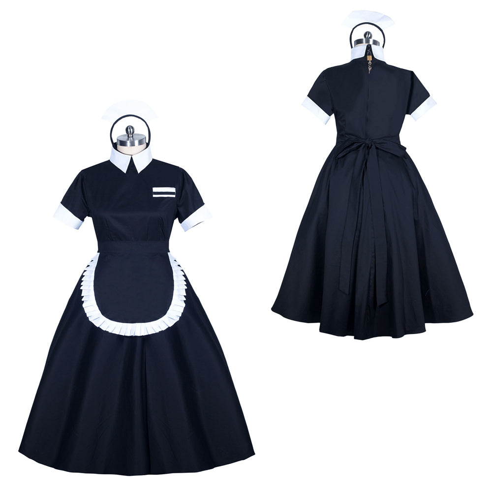 Black sissy maid dress with white apron, collar, and cap, shown front and back on mannequin