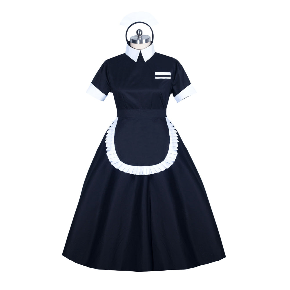 Classic black sissy maid dress with white collar, cuffs, and ruffled apron, displayed on mannequin