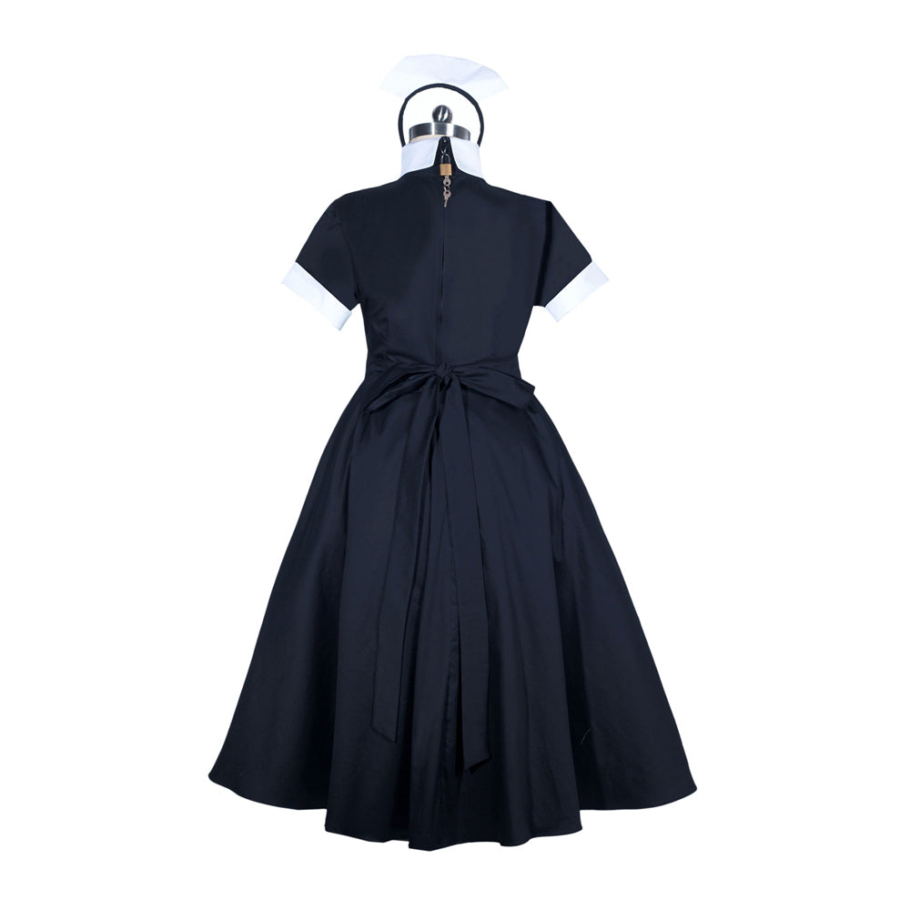 Black sissy maid dress with white cuffs, back bow, and lockable zipper, displayed on mannequin