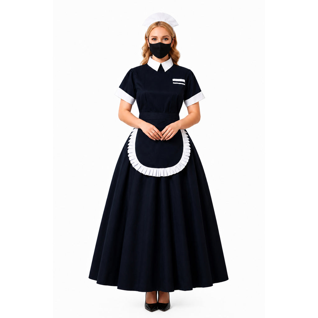 Classic navy sissy maid dress with white apron, collar, and cap, featuring elegant ruffles and tailored fit
