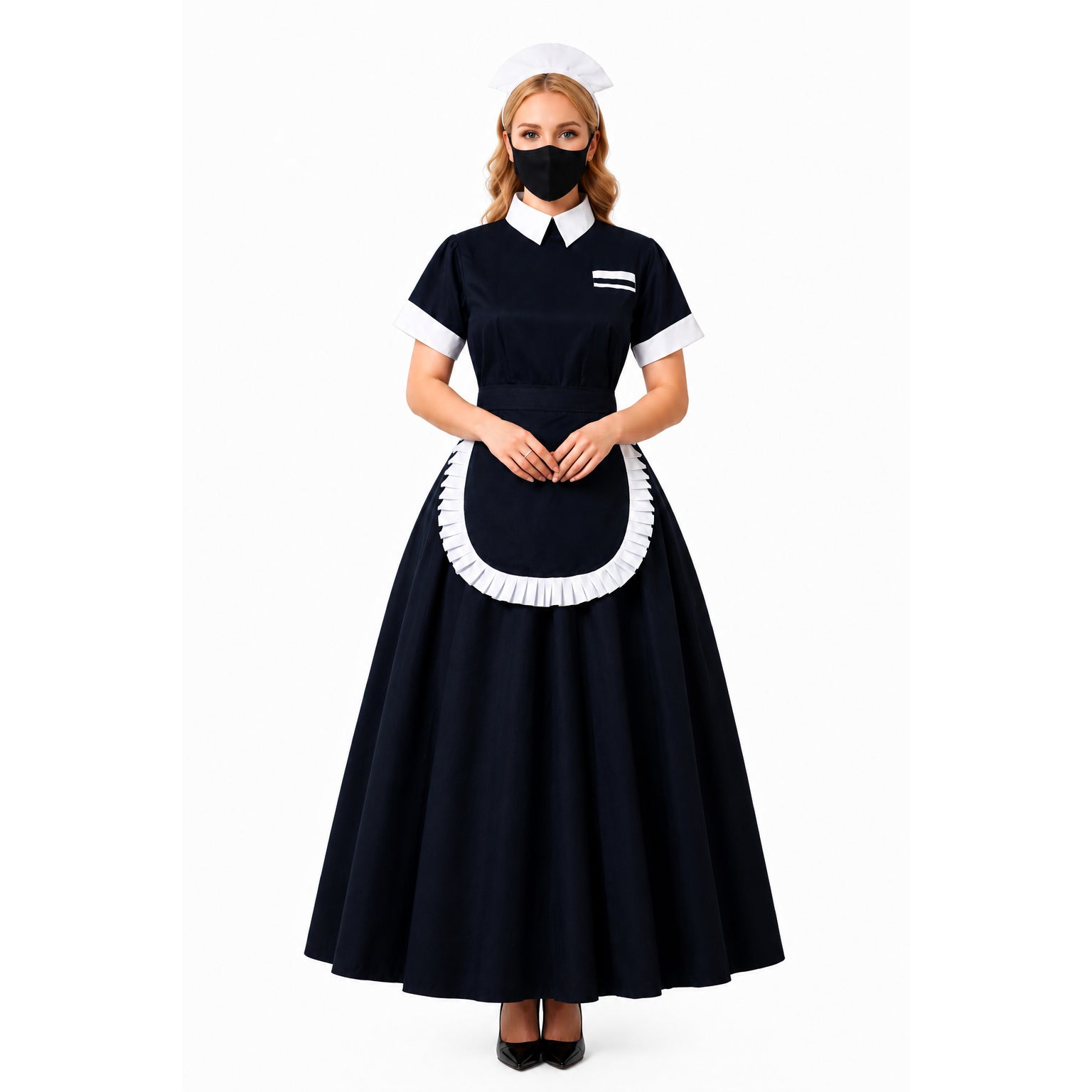Classic navy sissy maid dress with white apron, collar, and cap, featuring elegant ruffles and tailored fit