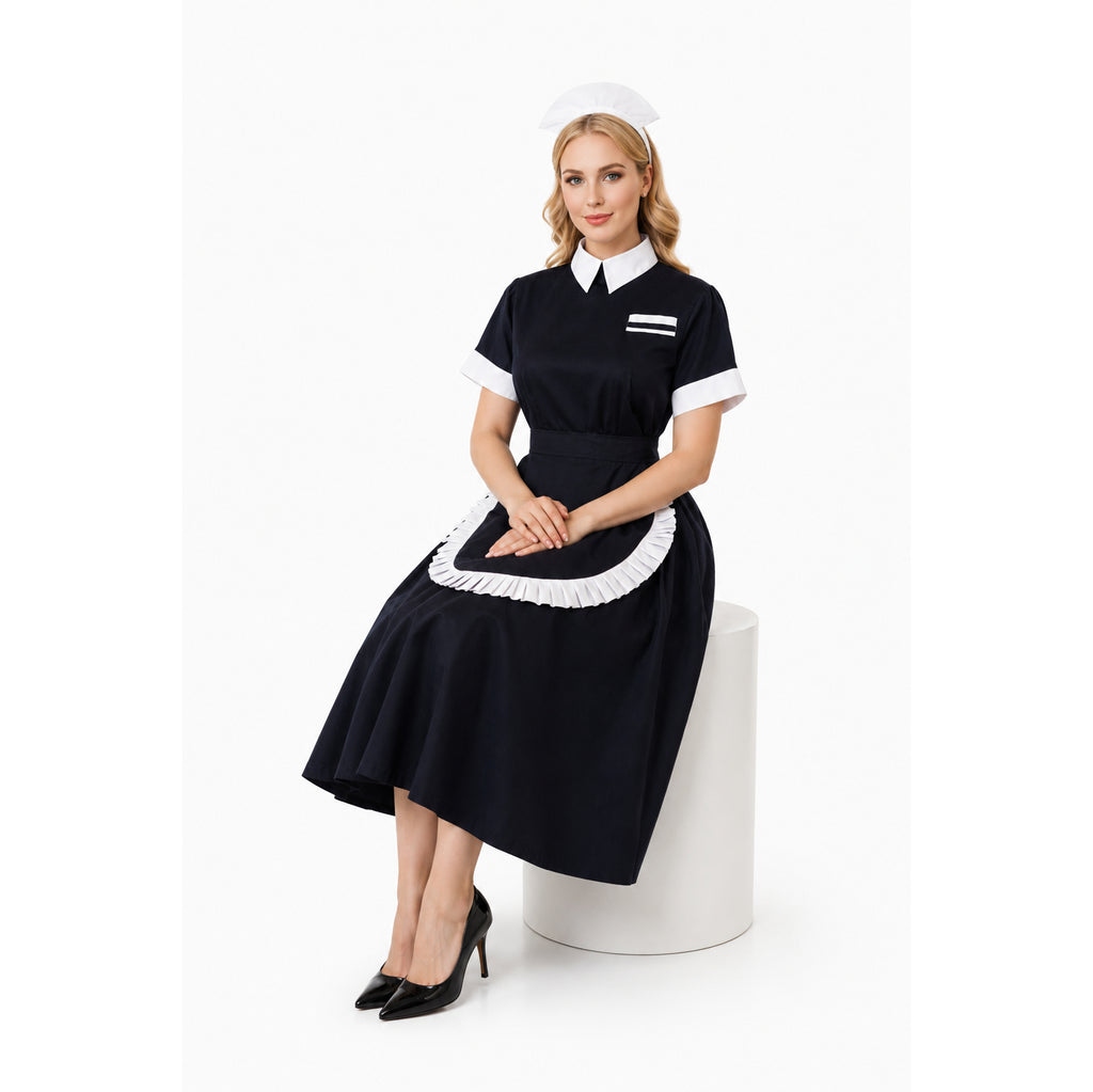 Elegant sissy maid dress with white apron and hat, styled for boutique fashion