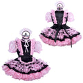 Black and pink sissy maid dress with ruffles, puffed sleeves, and matching bonnet for costume fashion