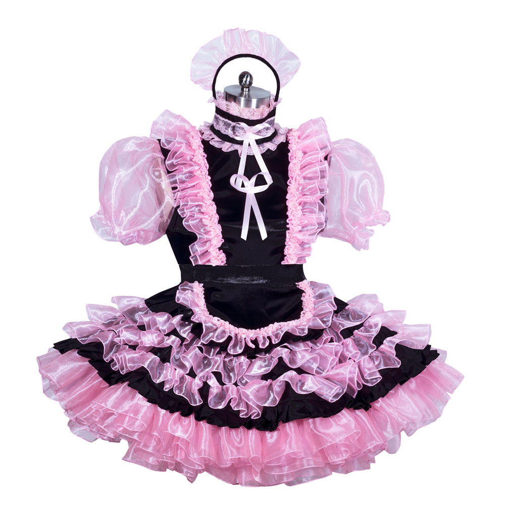 Pink and black sissy maid dress with ruffles, puff sleeves, and matching hat on mannequin