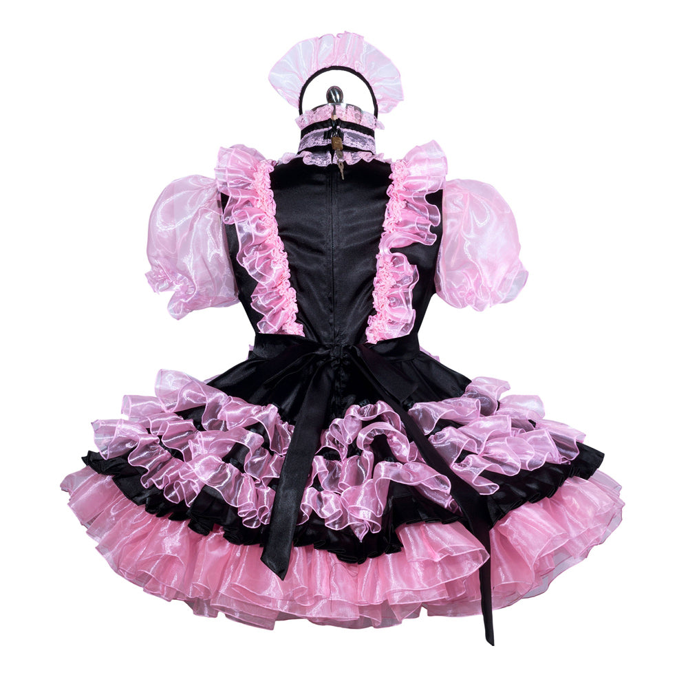 Black and pink sissy maid dress with ruffles, puff sleeves, and matching bonnet