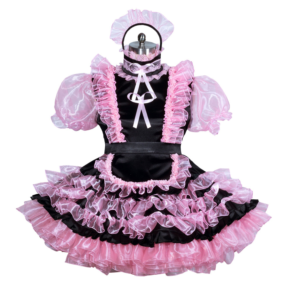 Black and pink sissy maid dress with ruffles, puffed sleeves, and matching bonnet for costume fashion