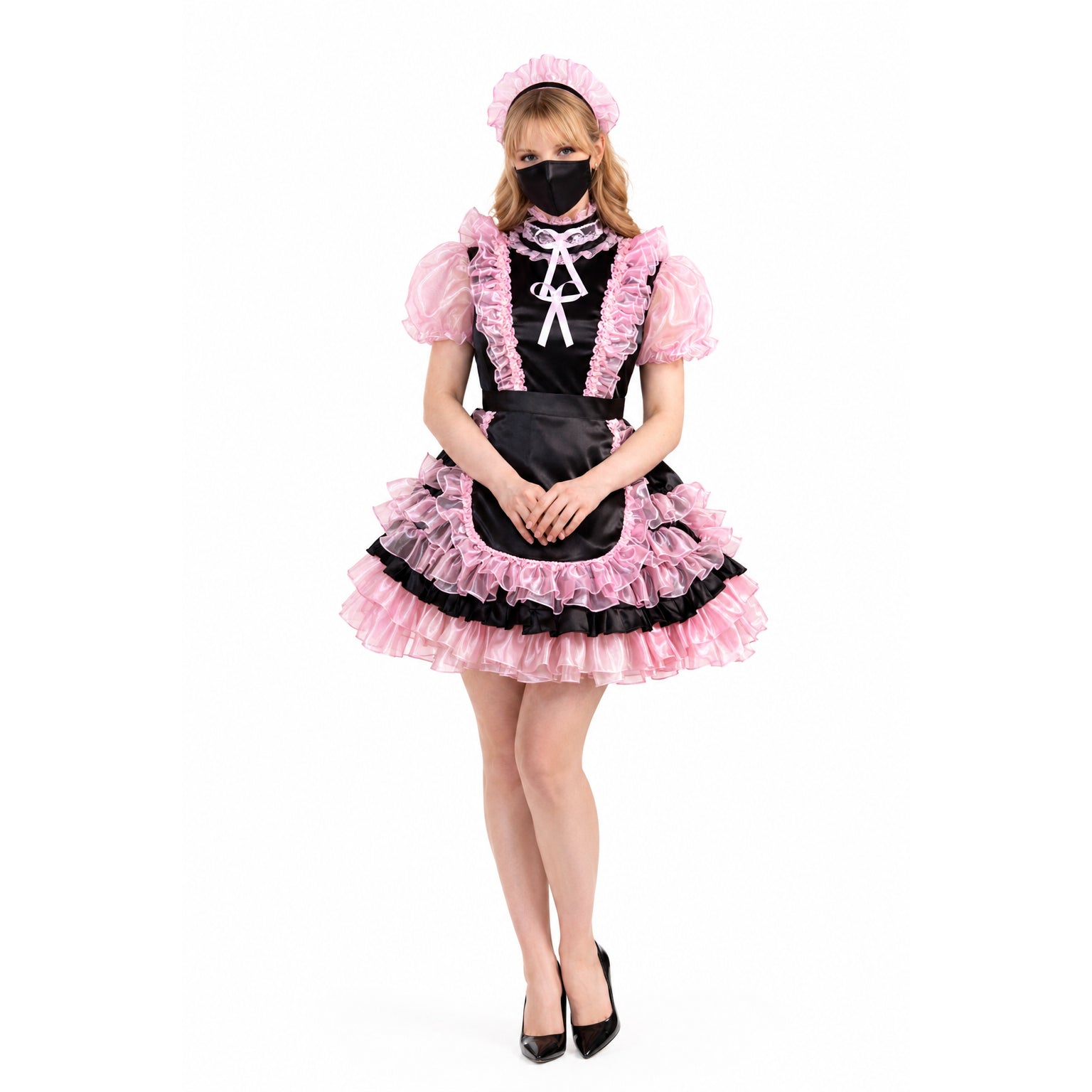 Black and pink sissy maid dress with ruffles, puff sleeves, and matching bonnet, styled for costume fashion.