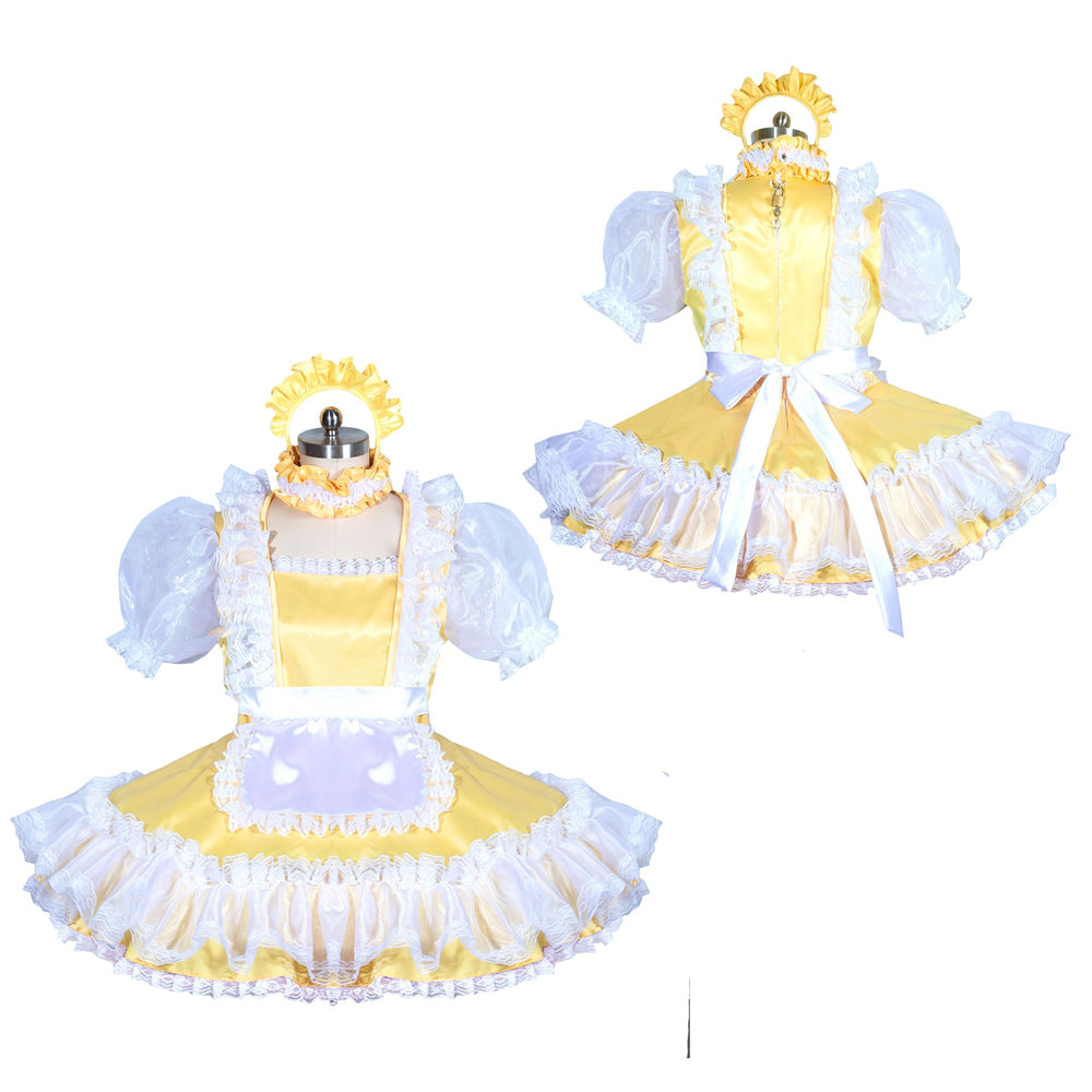 Yellow sissy maid dress with white lace, puffy sleeves, and apron, shown front and back on mannequin