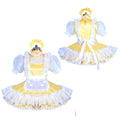 Yellow sissy maid dress with white lace, puffy sleeves, and apron, shown front and back on mannequin